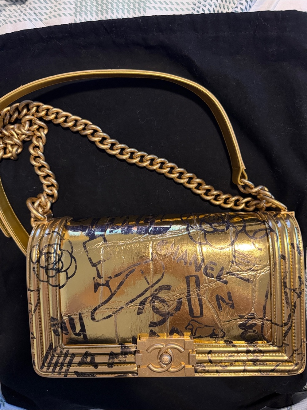 Gold Graffiti Boy Bag with Chain Strap